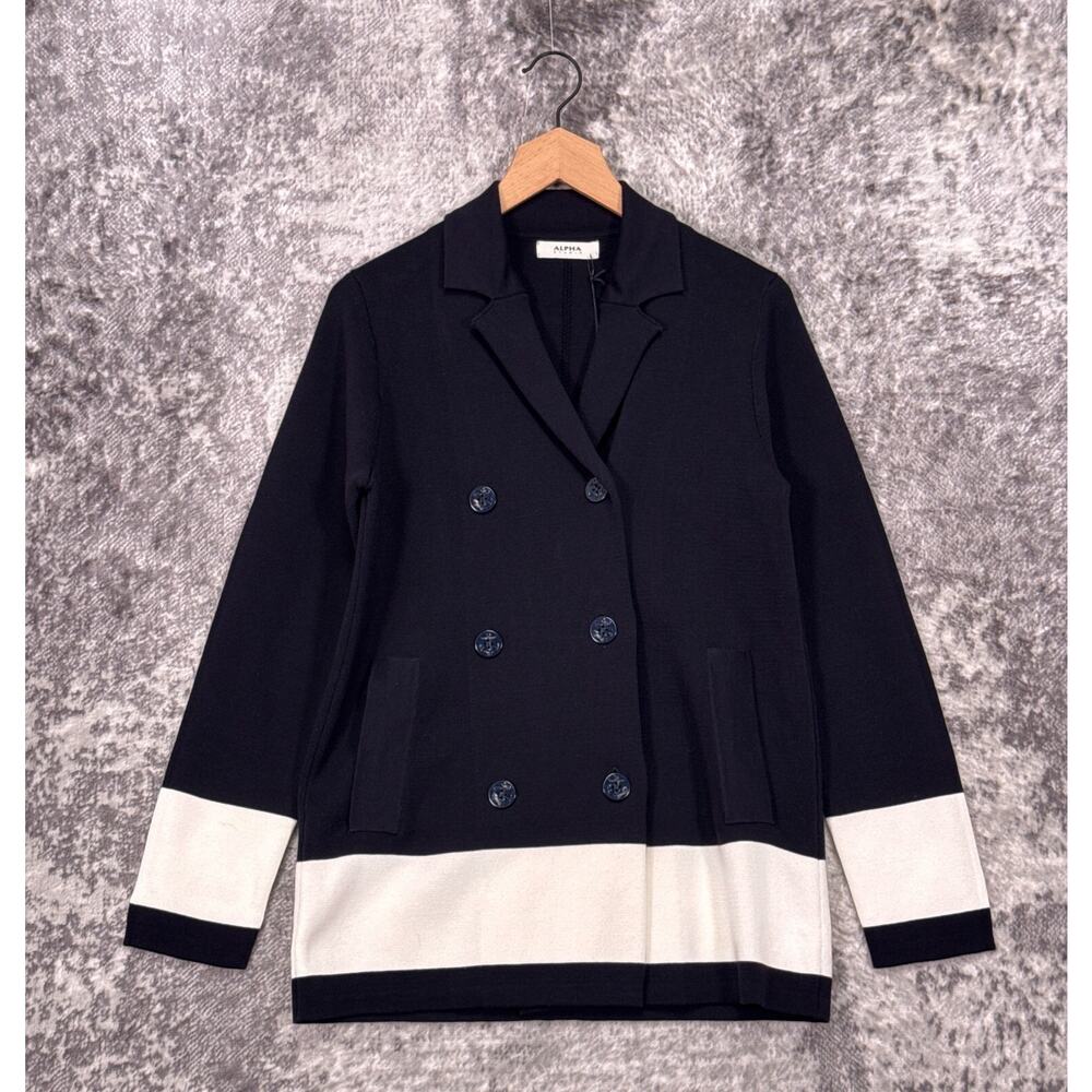 New Alpha Studio Pea Coat 40 / XS Womens Navy Blue Cotton Knit Nautical Stripe